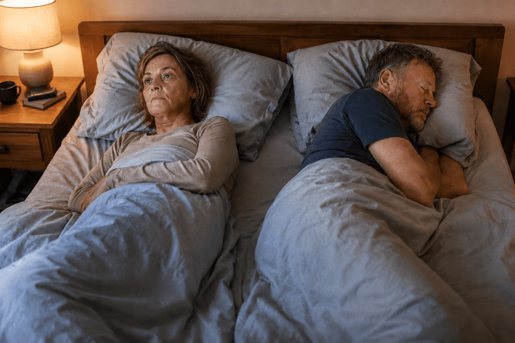 Couple allongé dos à dos dans le lit, chacun de son côté, illustrant l'évitement et la distance dans le couple