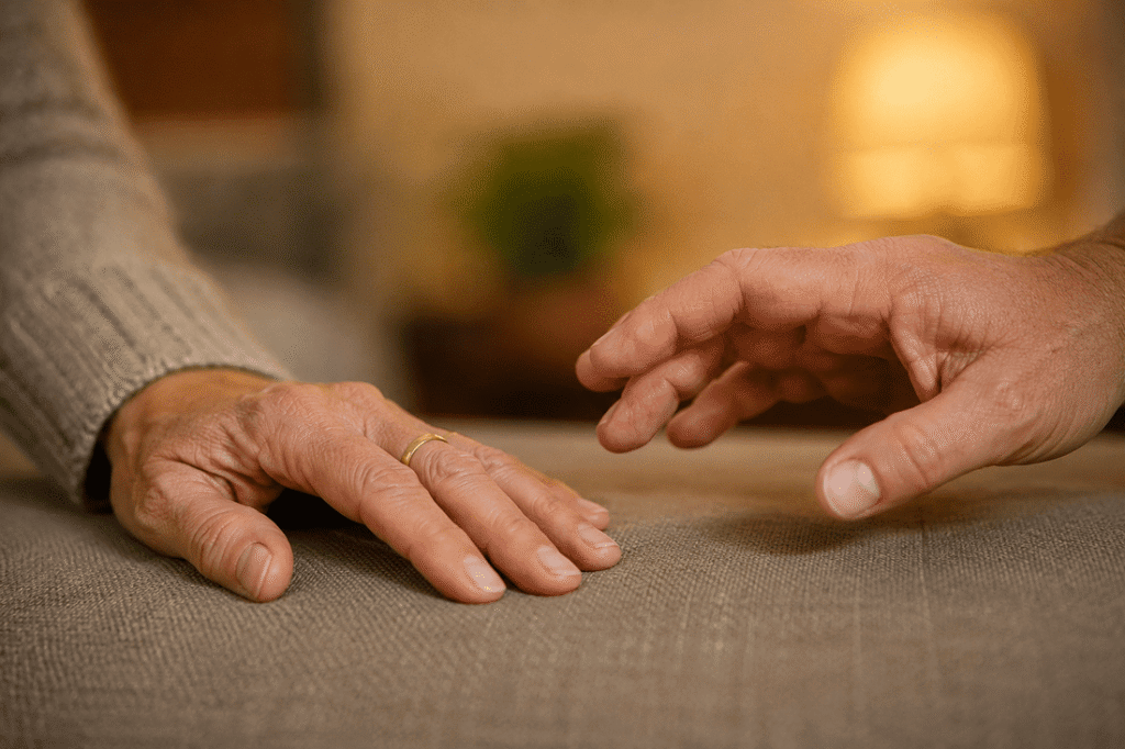 Gros plan sur deux mains qui hésitent à se toucher, premier geste de rapprochement dans un couple qui ne se touche plus