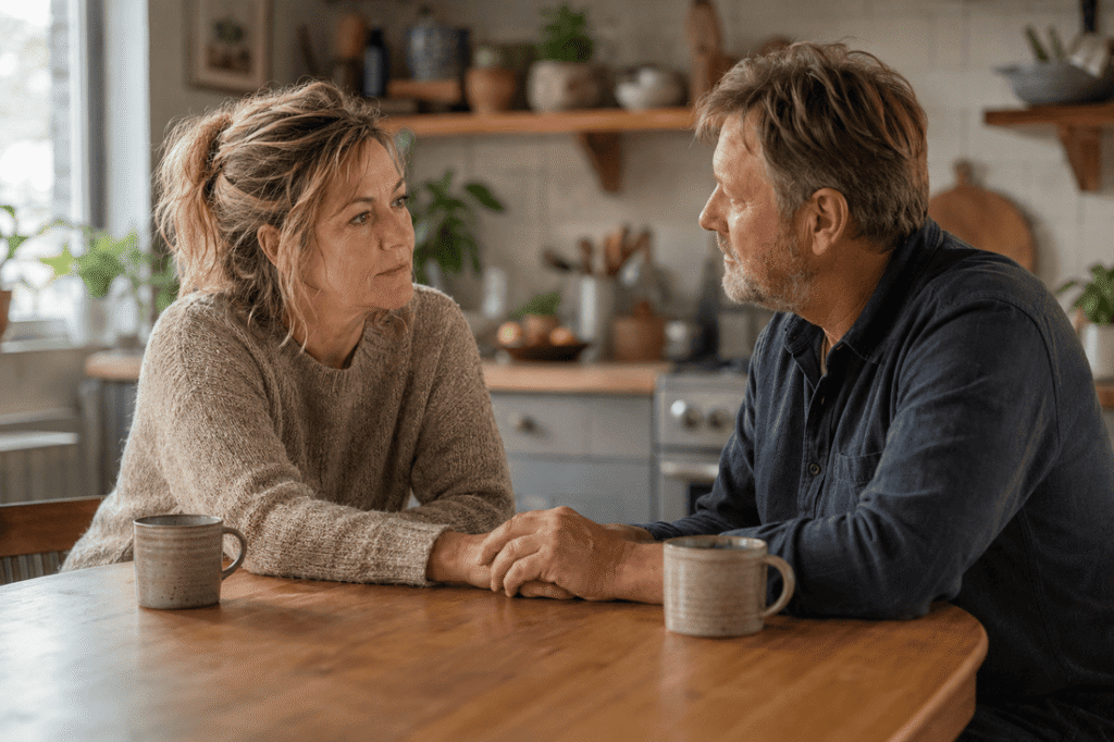Couple qui se reparle autour d'un café le matin, mains jointes sur la table, symbole de reconnexion dans le couple